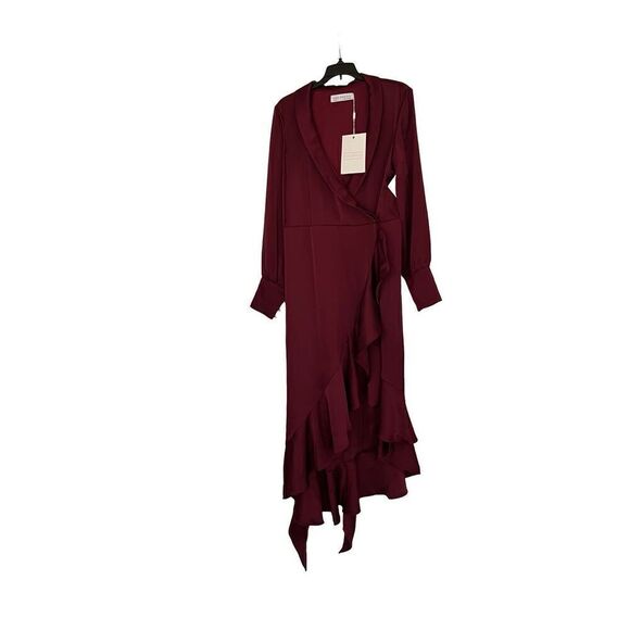 Mac Duggal Satin Ruffle Asymmetrical Midi Dress - Picture 10 of 13